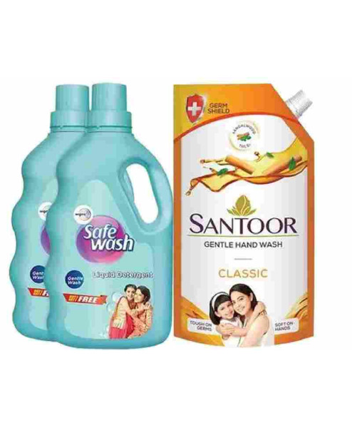 Santoor combo safewash liquid detergent1kg and get 1kg free santoor handwash classic 750ml 